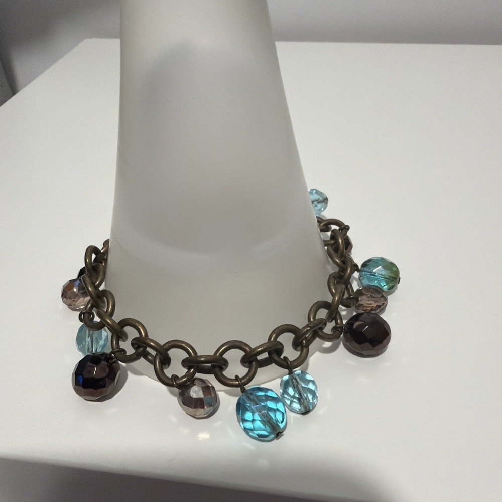 Cookie Lee Faceted Bead Bracelet Blue Brown Bronze Tone Toggle Clasp